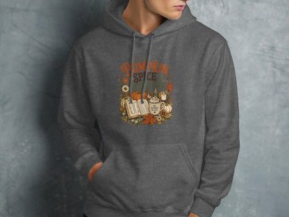 Dark gray hoodie with "Pumpkin Spice" and fall-themed graphics.
