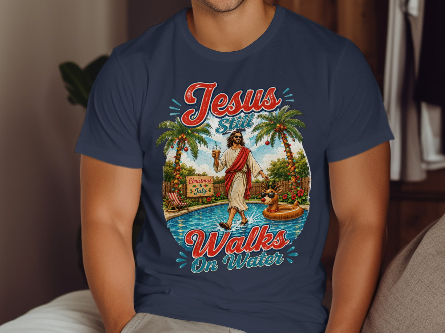 Jesus still walks on water with palm trees and pool float.