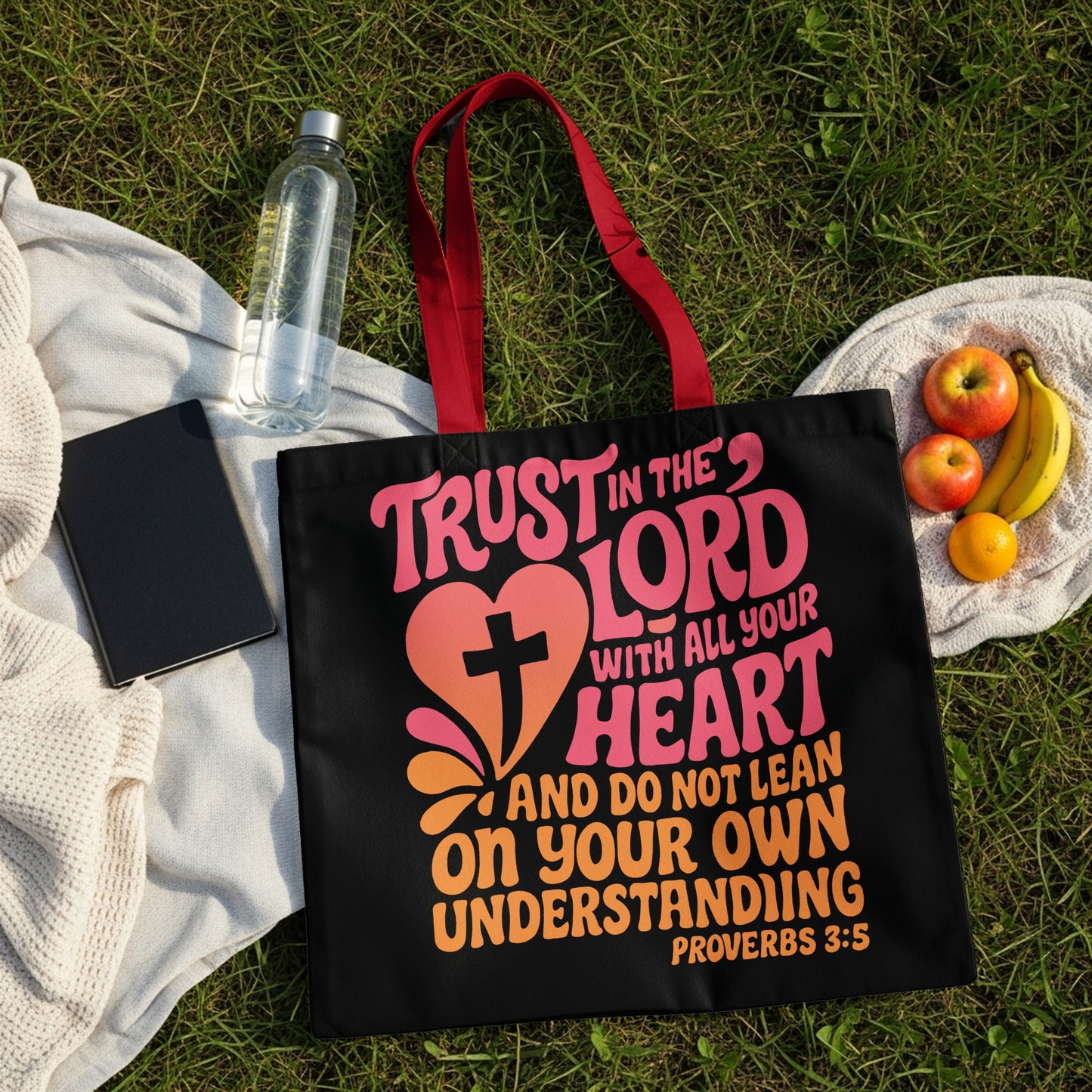 Black tote bag with pink and orange text "Trust in the Lord with all your heart" and Proverbs 3:5.