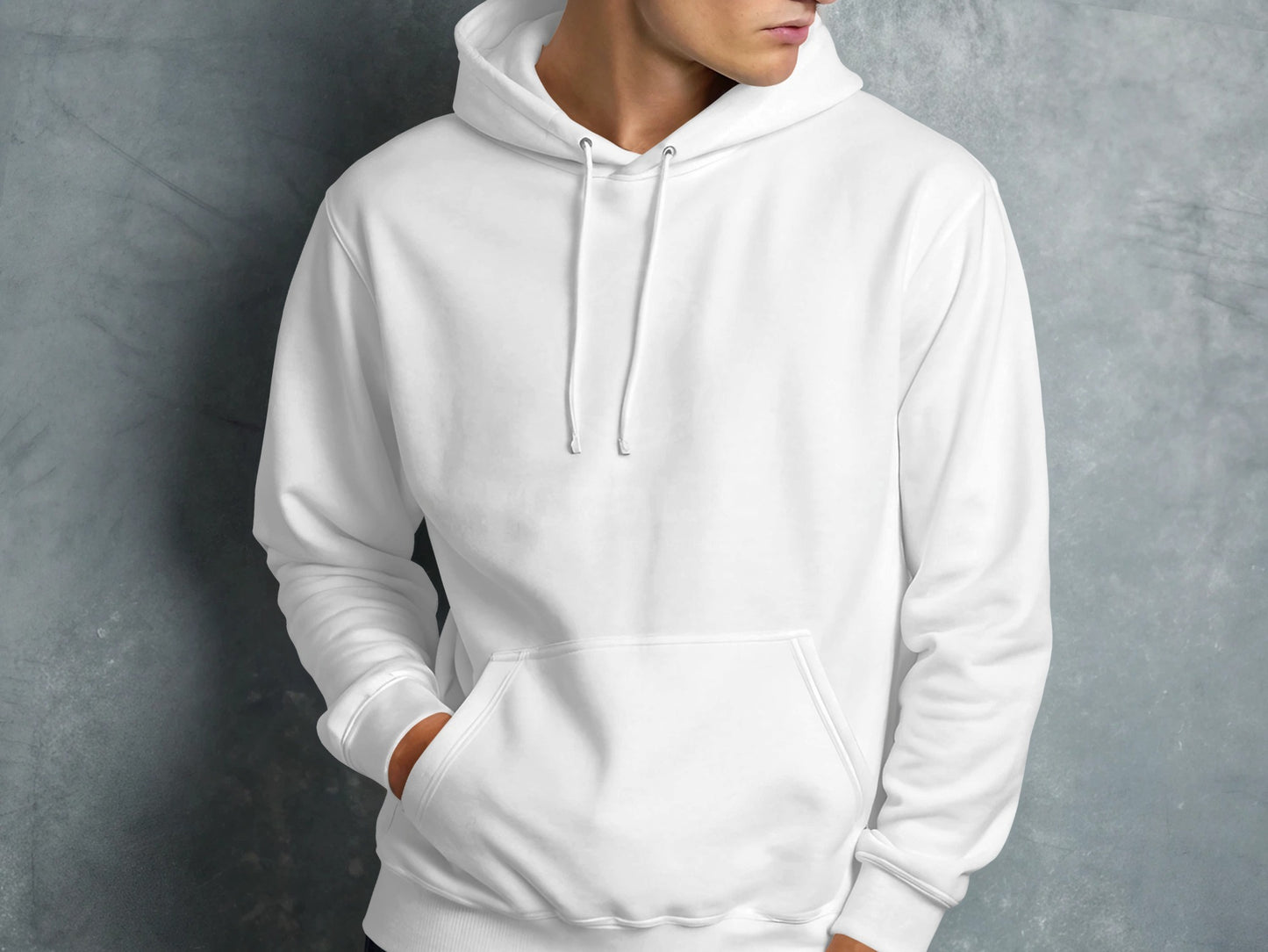 White hoodie on a man, front view, with hand in pocket.