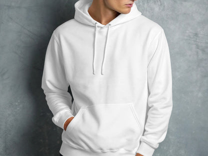 White hoodie on a man, front view, with hand in pocket.
