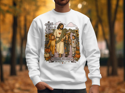Jesus walks with children holding sunflowers, pumpkins, and signs.