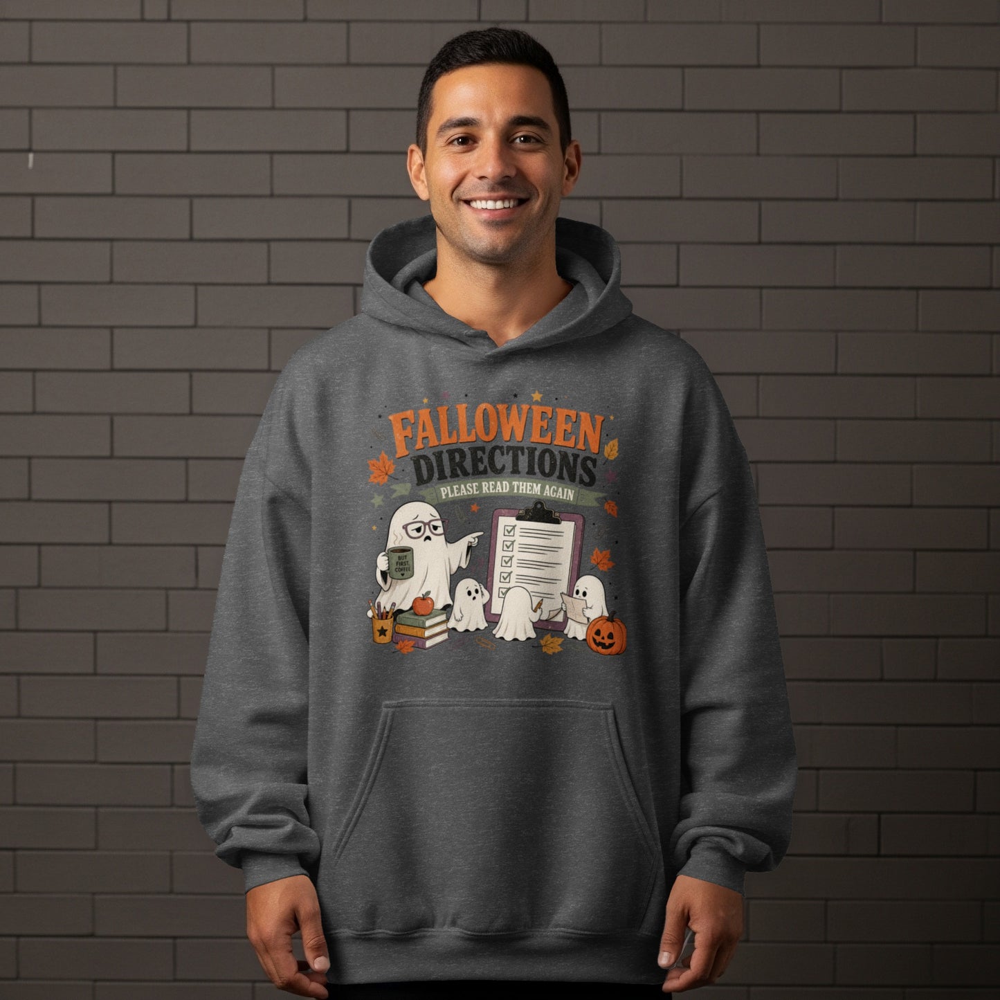 Gray hoodie with "Falloween Directions Please Read Them Again" text and ghost illustrations.