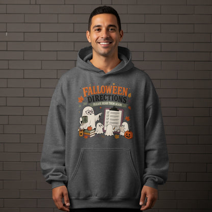 Gray hoodie with "Falloween Directions Please Read Them Again" text and ghost illustrations.