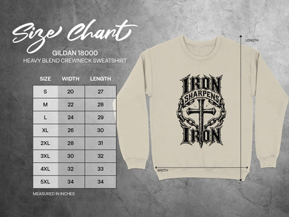 Gildan 18000 sweatshirt size chart with dimensions and "Iron Sharpens Iron" graphic.