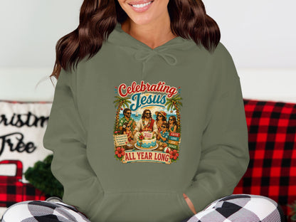 Hooded sweatshirt with "Celebrating Jesus All Year Long" text and a beach scene.