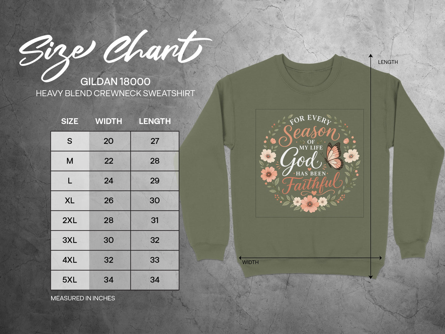 Gildan 18000 sweatshirt size chart with measurements for width and length.
