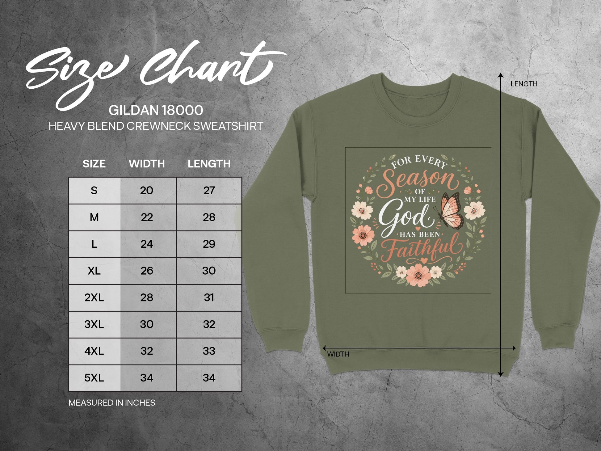 Gildan 18000 sweatshirt size chart with measurements for width and length.