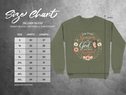 Gildan 18000 sweatshirt size chart with measurements for width and length.