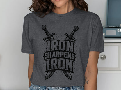 Dark gray t-shirt with crossed swords and text "IRON SHARPENS IRON".