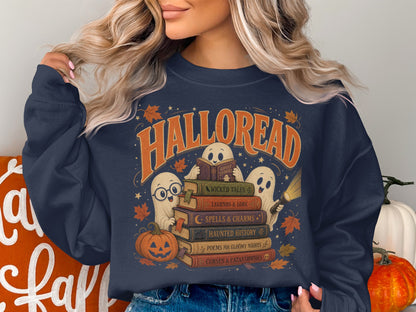 Halloween ghosts and pumpkins surround a stack of spooky books with the word "Halloread".
