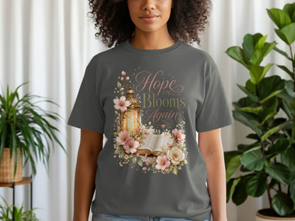 Dark grey t-shirt with "Hope Blooms Again" text and floral lantern design.