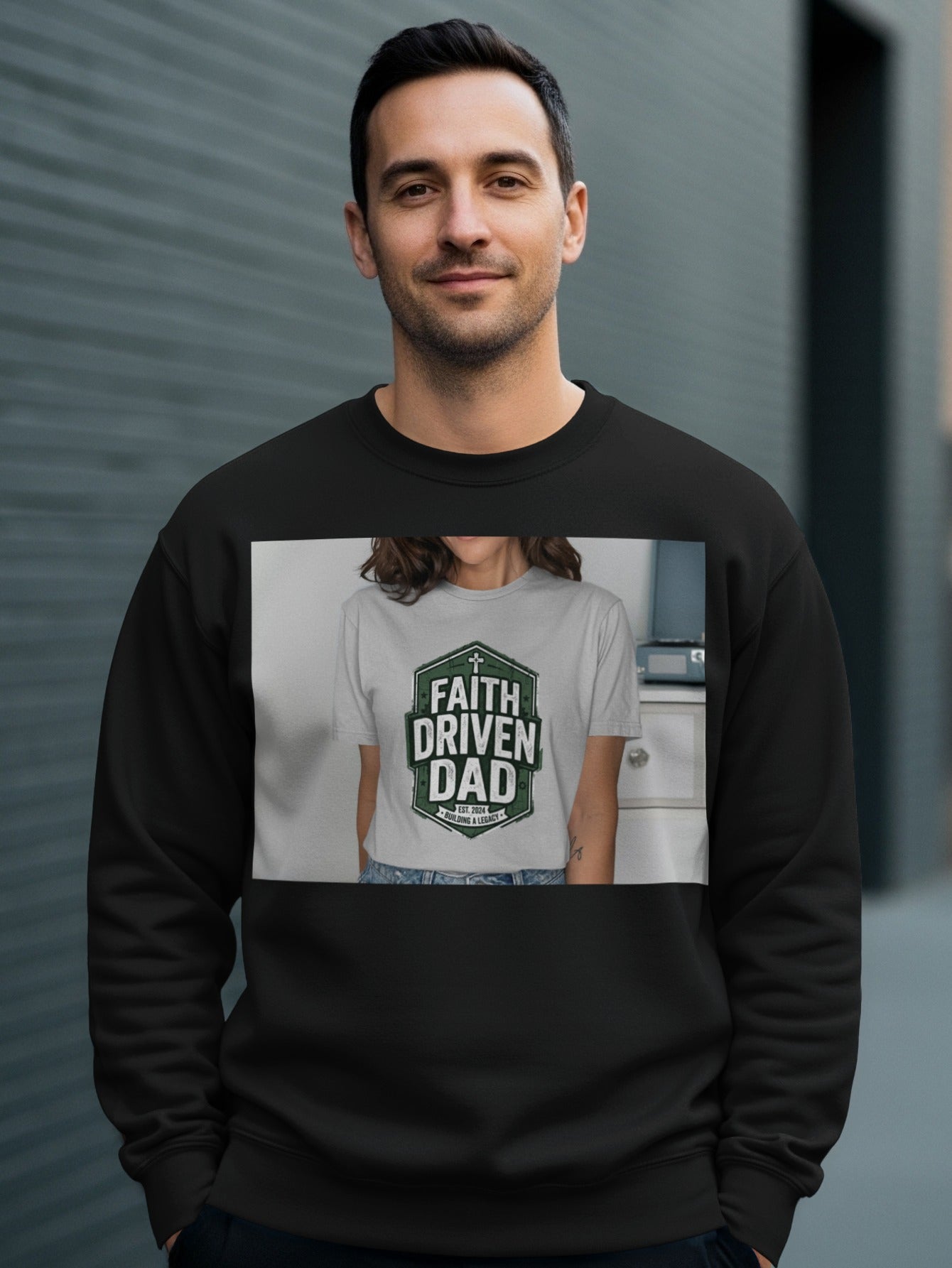 Black sweatshirt featuring a white t-shirt with "Faith Driven Dad" text and a cross.