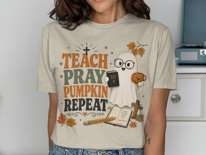 Ghost graphic with "Teach, Pray, Pumpkin, Repeat" text and Bible verse.