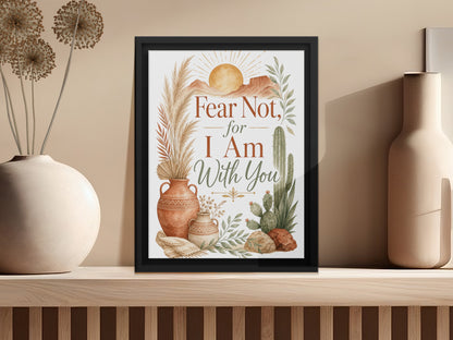 Framed artwork with desert plants and the text "Fear Not, for I Am With You."