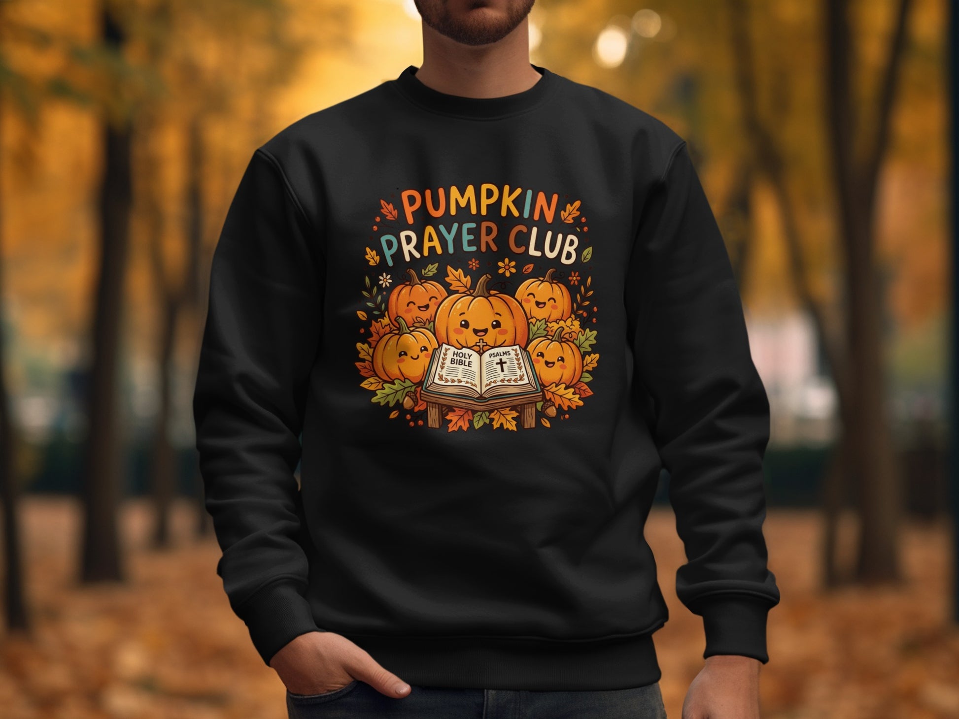 Black sweatshirt with "Pumpkin Prayer Club" text and cheerful pumpkins around a Bible.