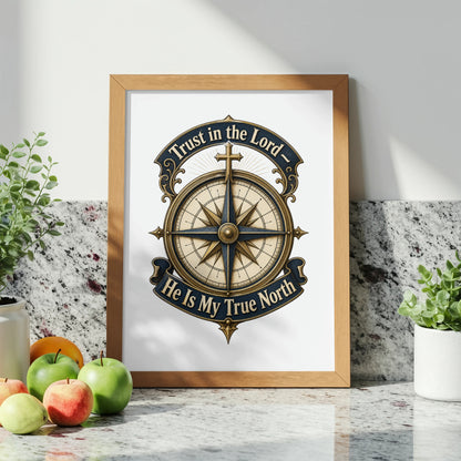 Framed artwork with compass design, text "Trust in the Lord - He Is My True North".
