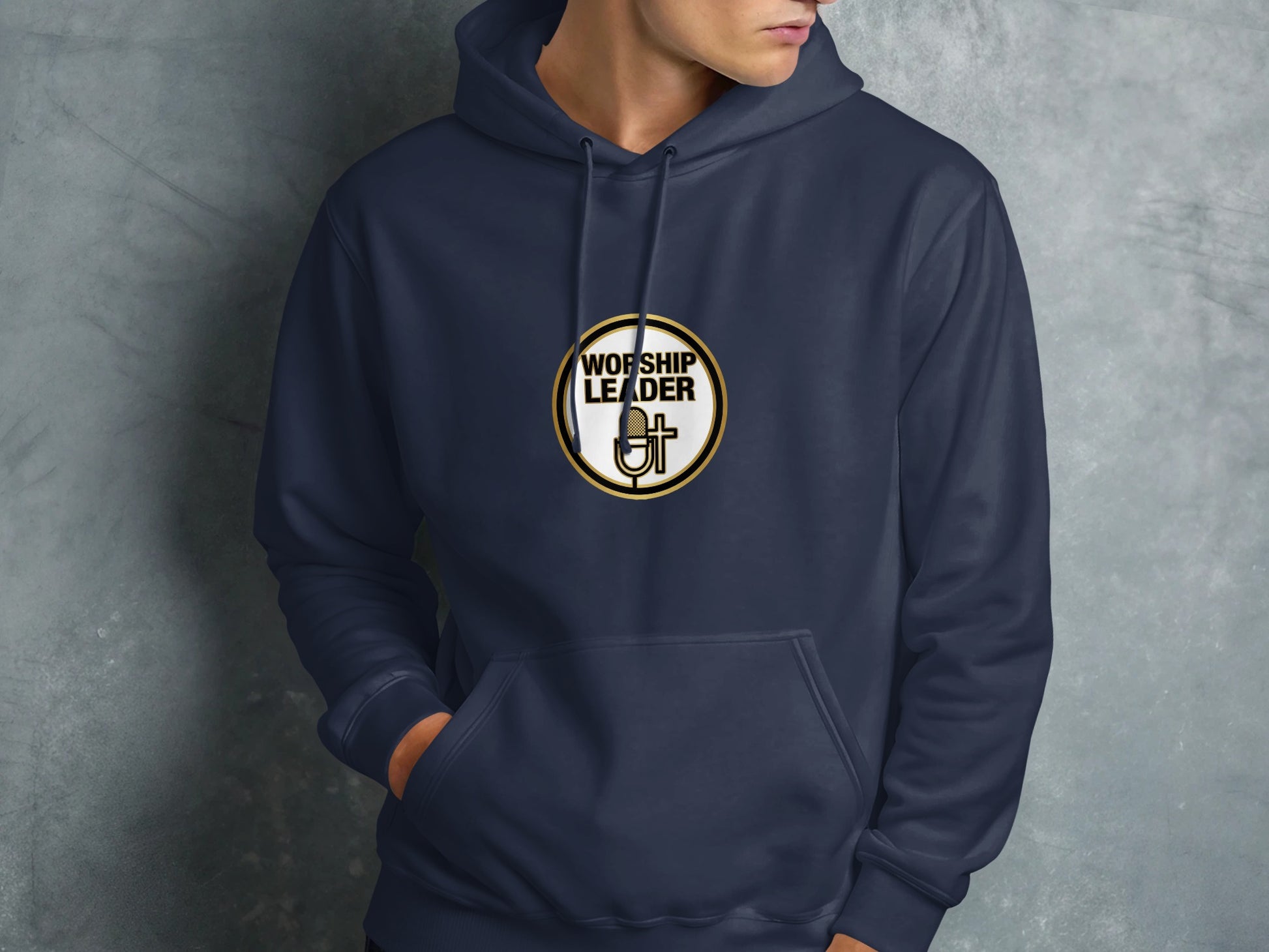 Navy hoodie with "Worship Leader" text and microphone logo.