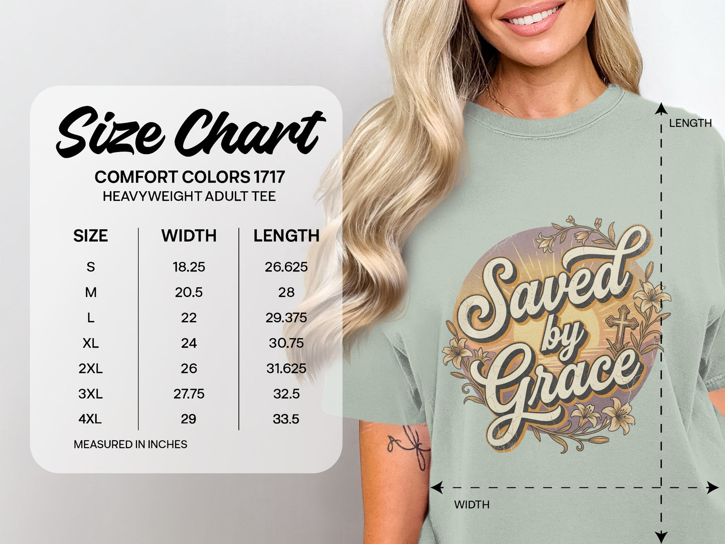 Comfort Colors 1717 heavyweight adult tee size chart including width and length measurements.