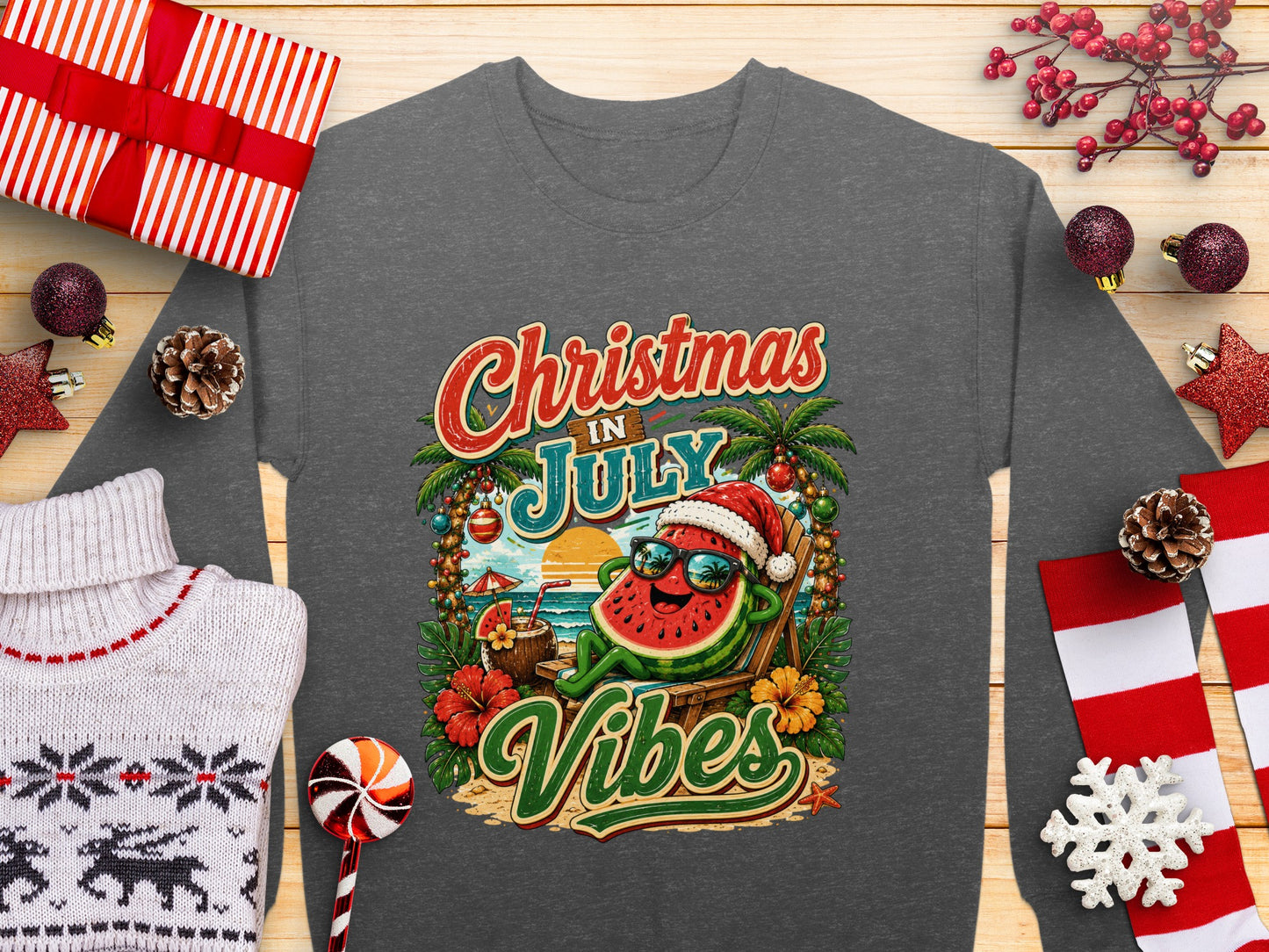 Christmas in July Vibes graphic with a watermelon character on a beach.