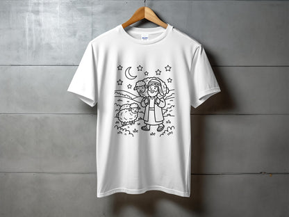 Line drawing on white t-shirt of a shepherd with sheep under a starry night sky.