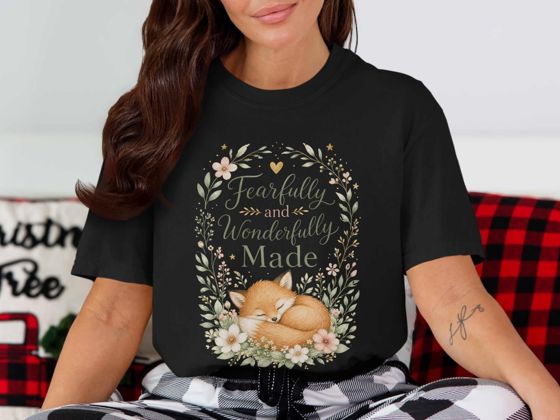 Black t-shirt featuring a sleeping fox surrounded by floral wreath and "Fearfully and Wonderfully Made" text.