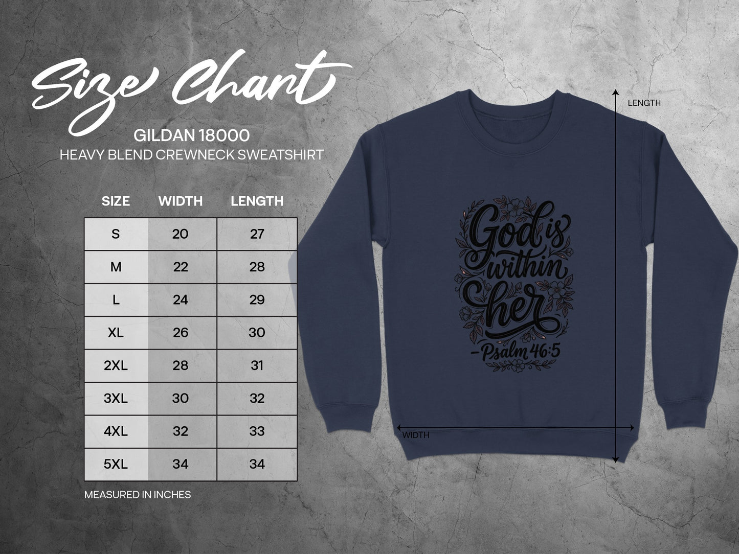 Gildan 18000 sweatshirt size chart with "God's within her" graphic.
