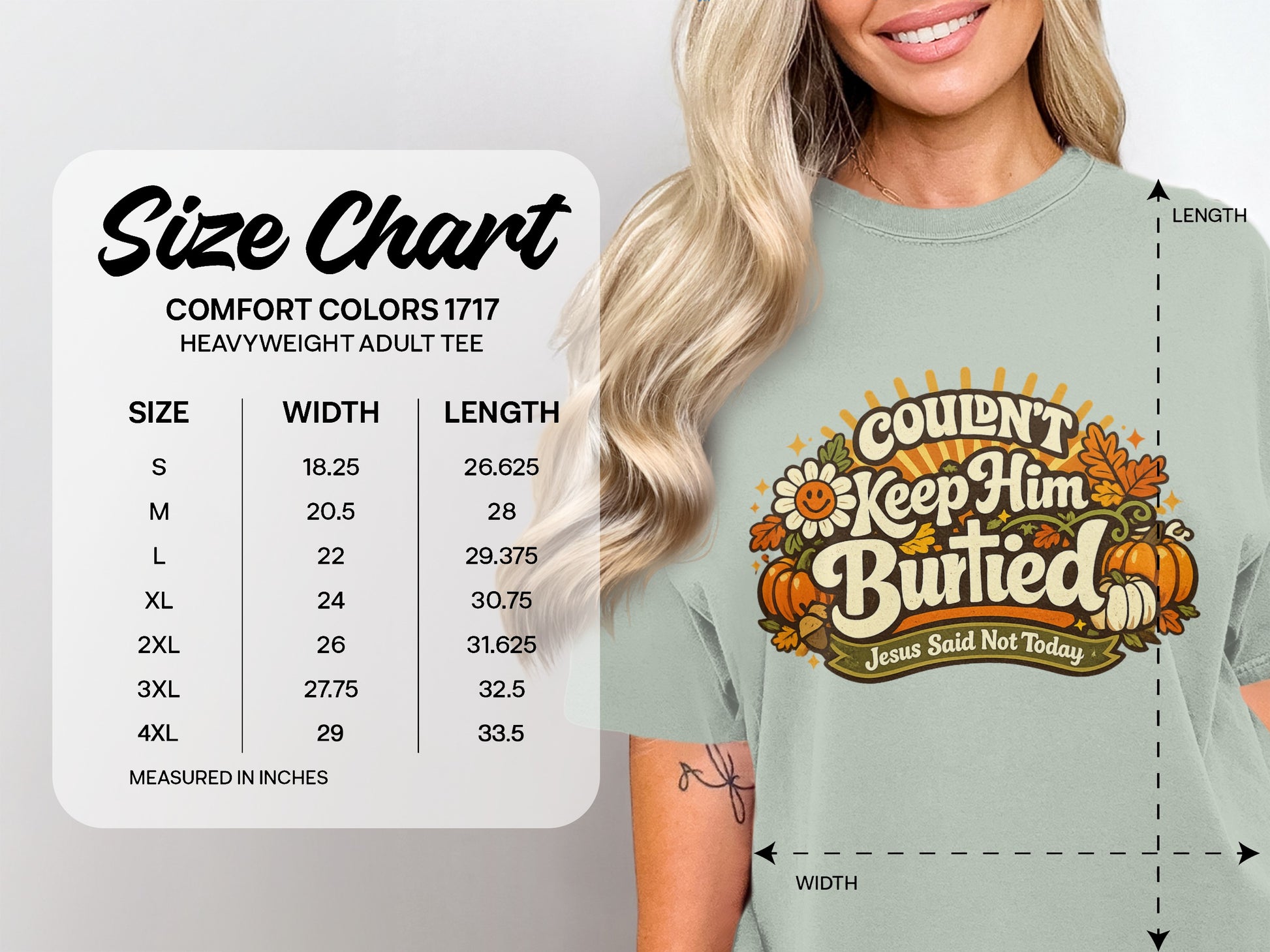 Comfort Colors 1717 size chart for heavyweight adult tee with width and length measurements.