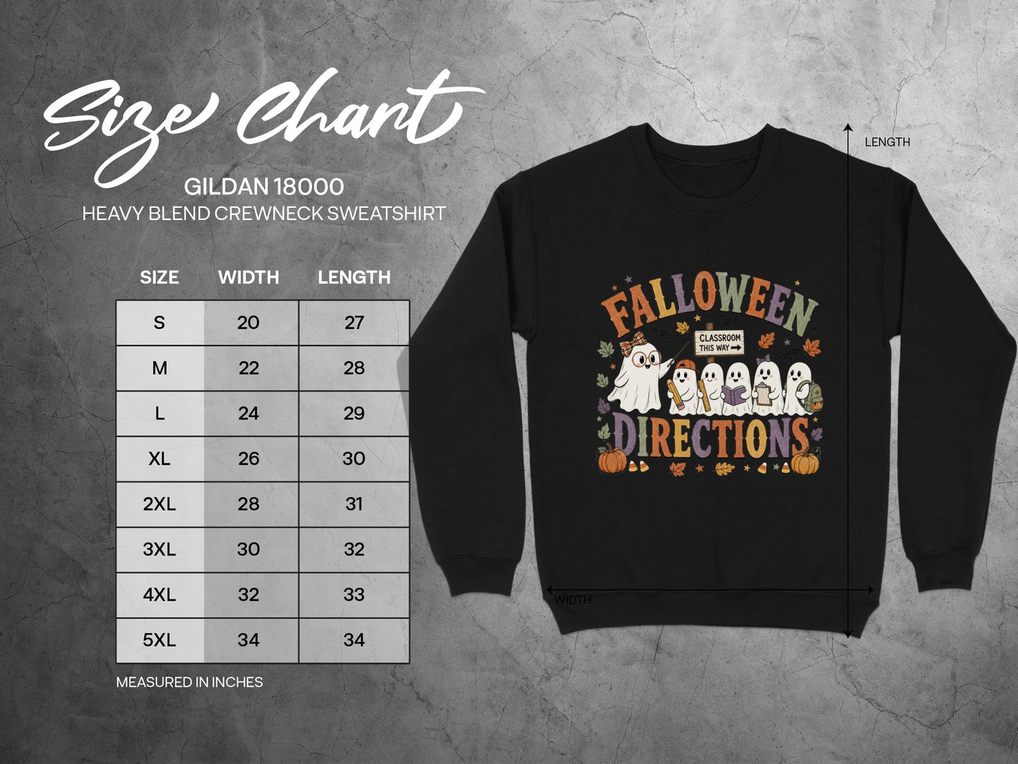 Gildan 18000 size chart with "Halloween Directions" graphic on black sweatshirt.