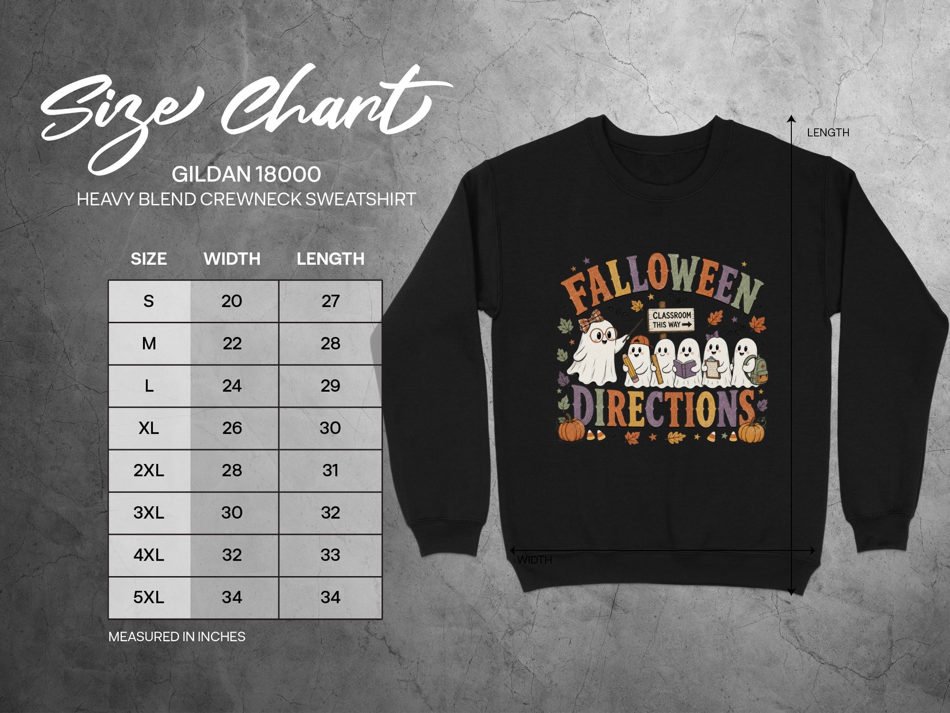 Gildan 18000 size chart with "Halloween Directions" graphic on black sweatshirt.
