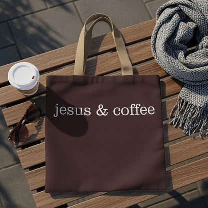 Brown tote bag with "Jesus & coffee" text, coffee cup, sunglasses, and scarf.