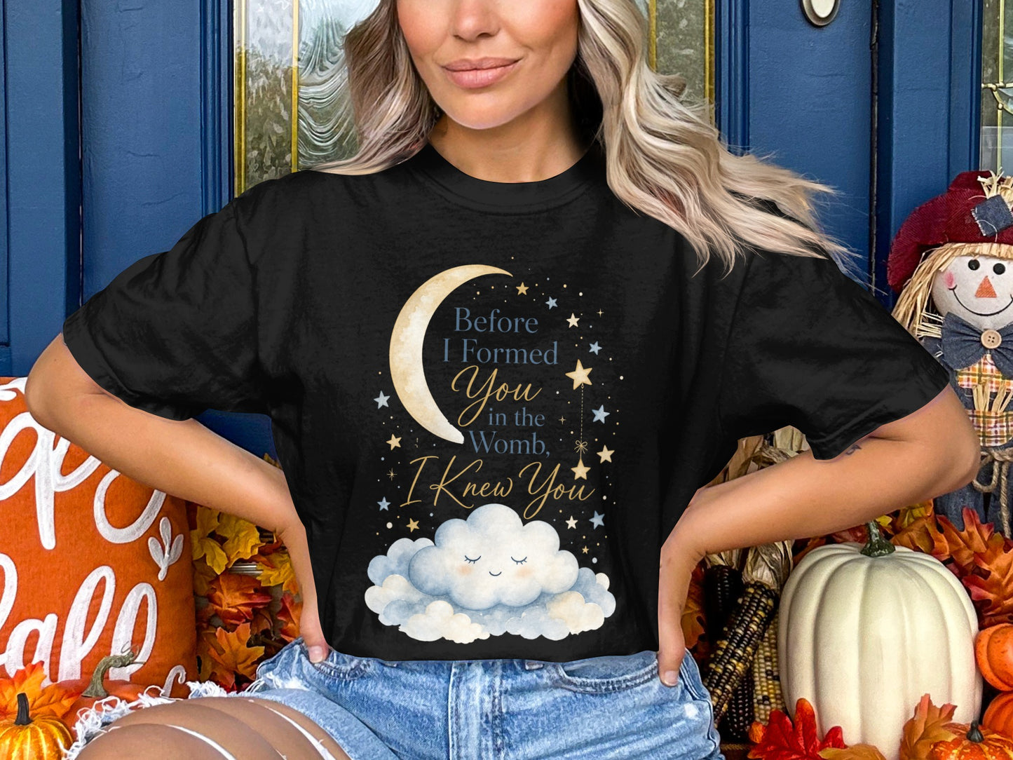 Black t-shirt with crescent moon, stars, and cloud design, text "Before I Formed You in the Womb, I Knew You."