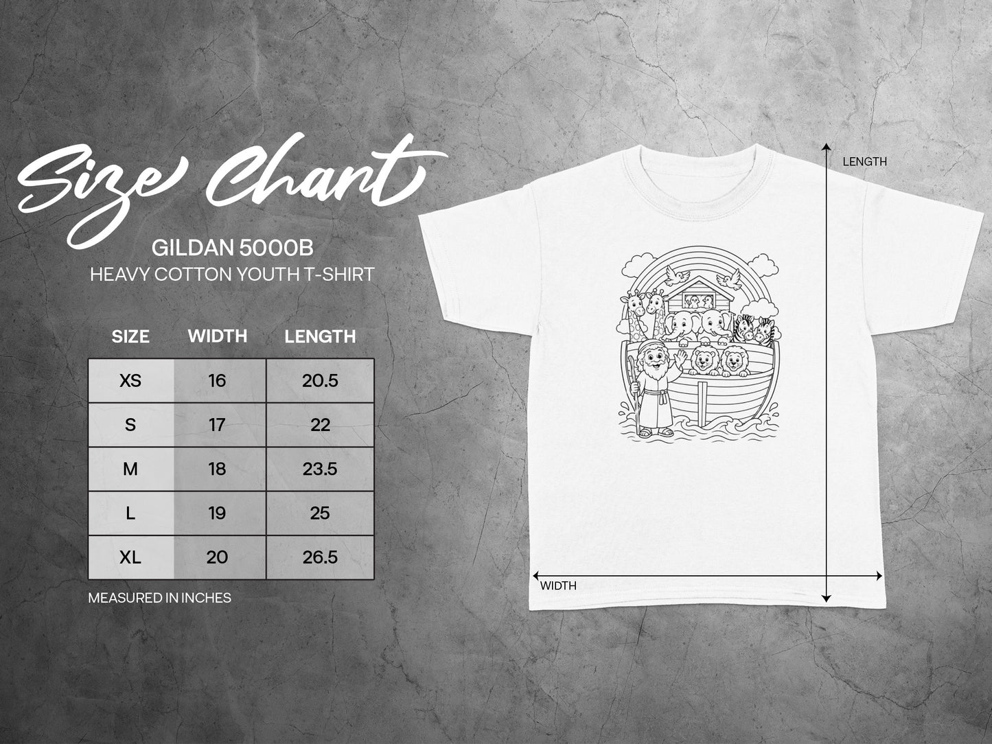 Gildan 5000B youth t-shirt size chart with measurements in inches.