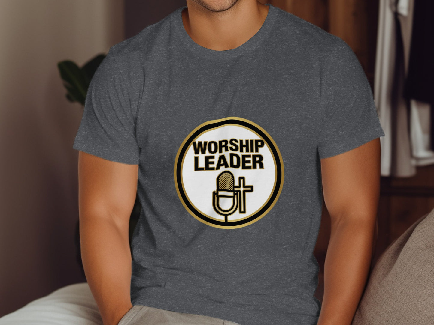 Dark grey t-shirt with "Worship Leader" text and microphone graphic.