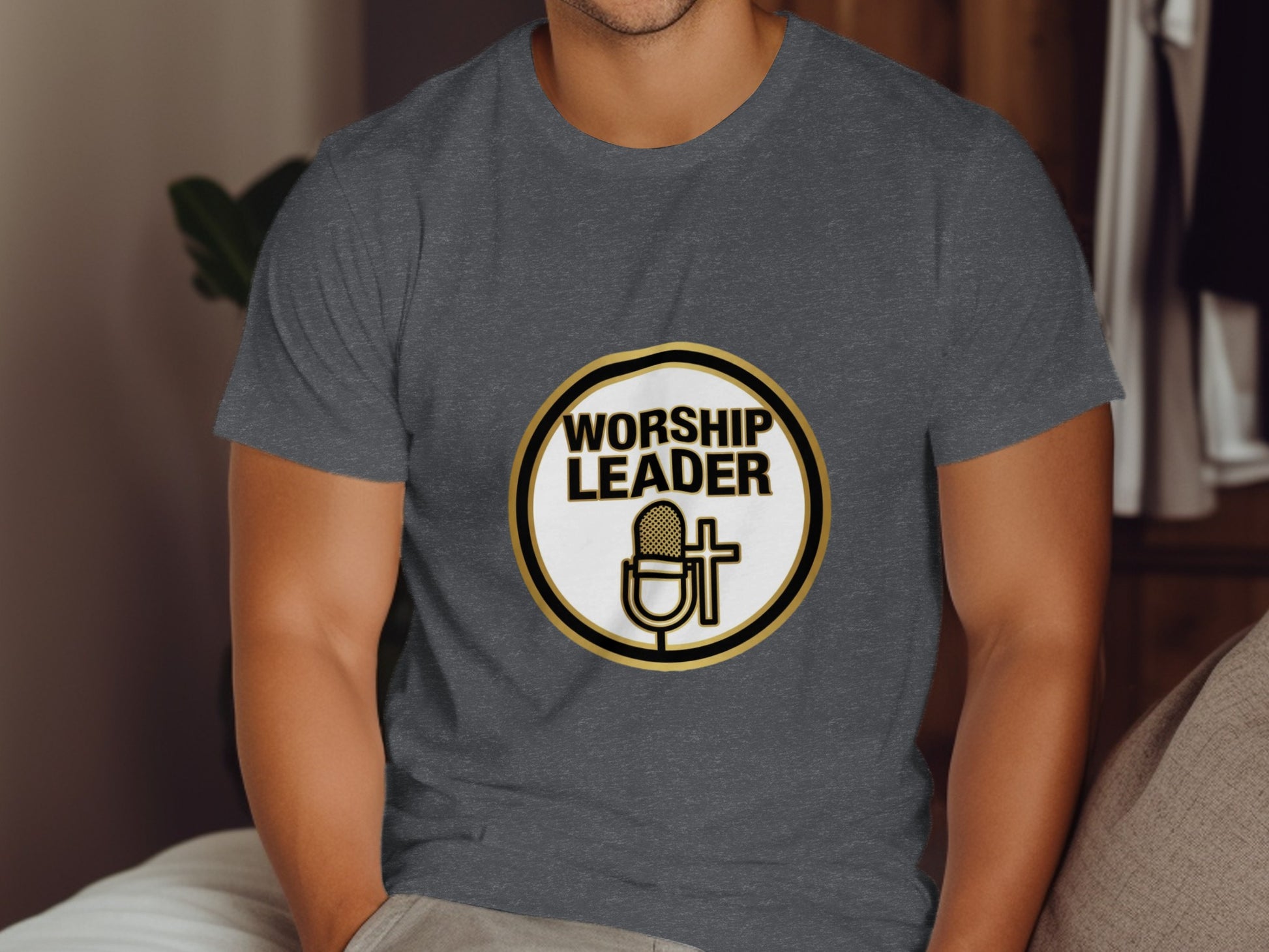 Dark grey t-shirt with "Worship Leader" text and microphone graphic.
