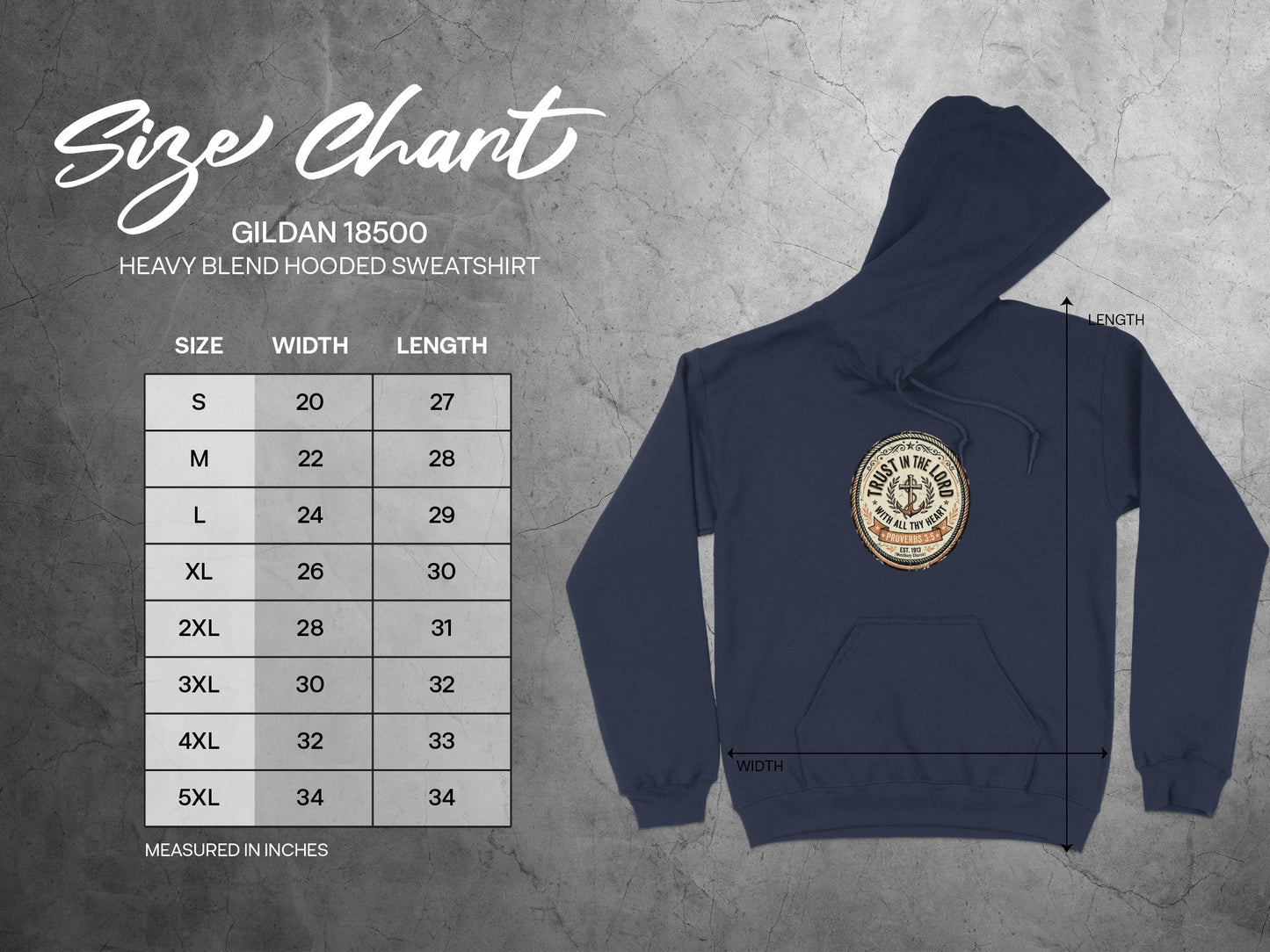 Gildan 18500 hooded sweatshirt size chart with measurements.