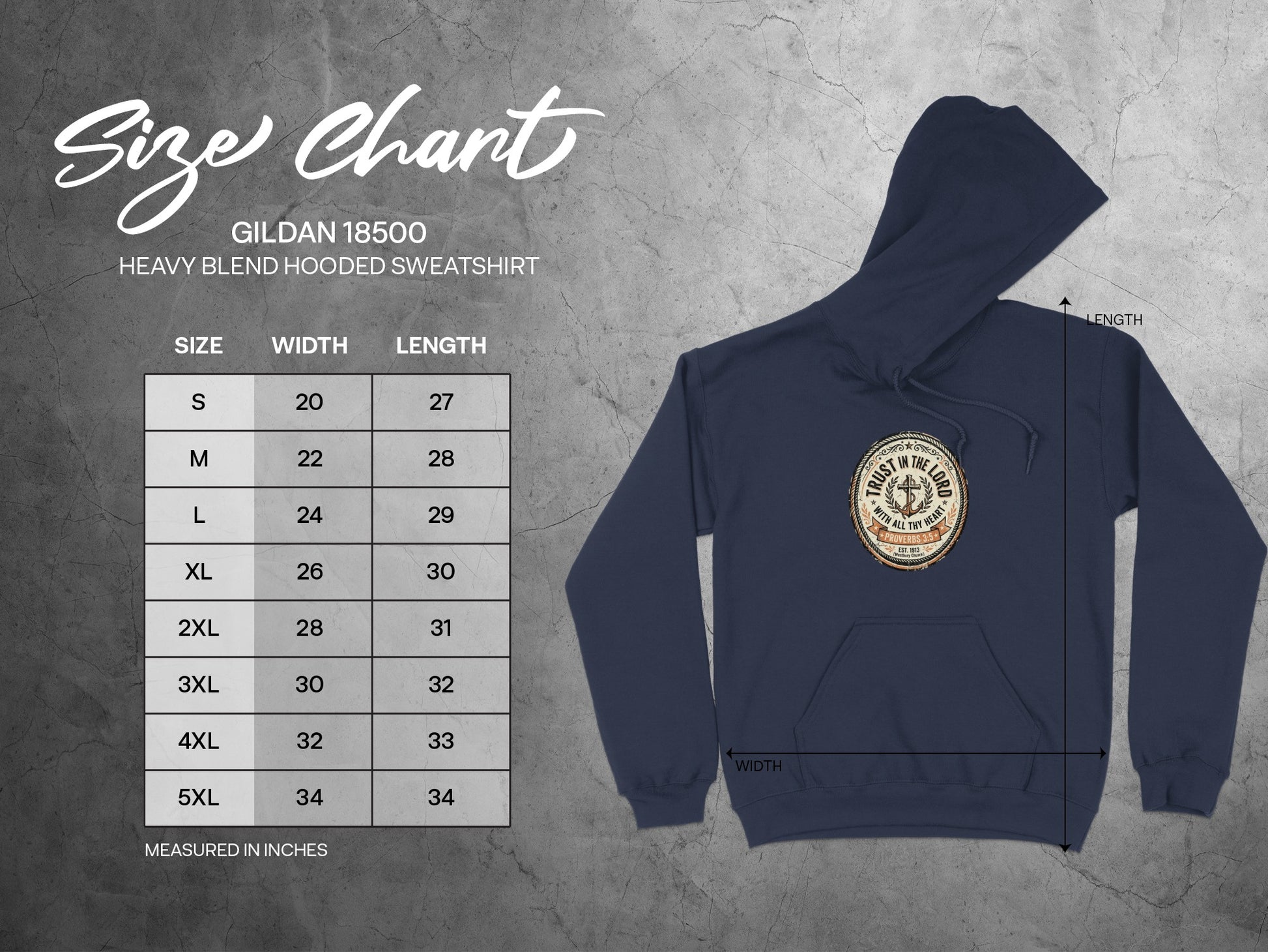 Gildan 18500 hooded sweatshirt size chart with measurements.