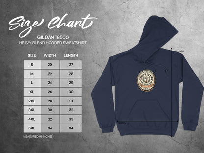 Gildan 18500 hooded sweatshirt size chart with measurements.