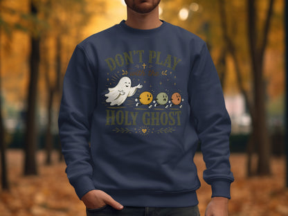Navy sweatshirt with "Don't play with the Holy Ghost" and ghost graphic.