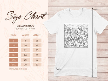 Gildan 64000 t-shirt size chart with S to 3XL measurements.