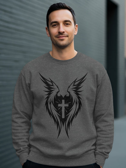 Gray sweatshirt with black winged cross design on front.