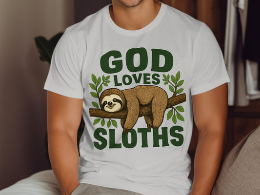 White t-shirt with "GOD LOVES SLOTHS" text and a sloth on a branch.