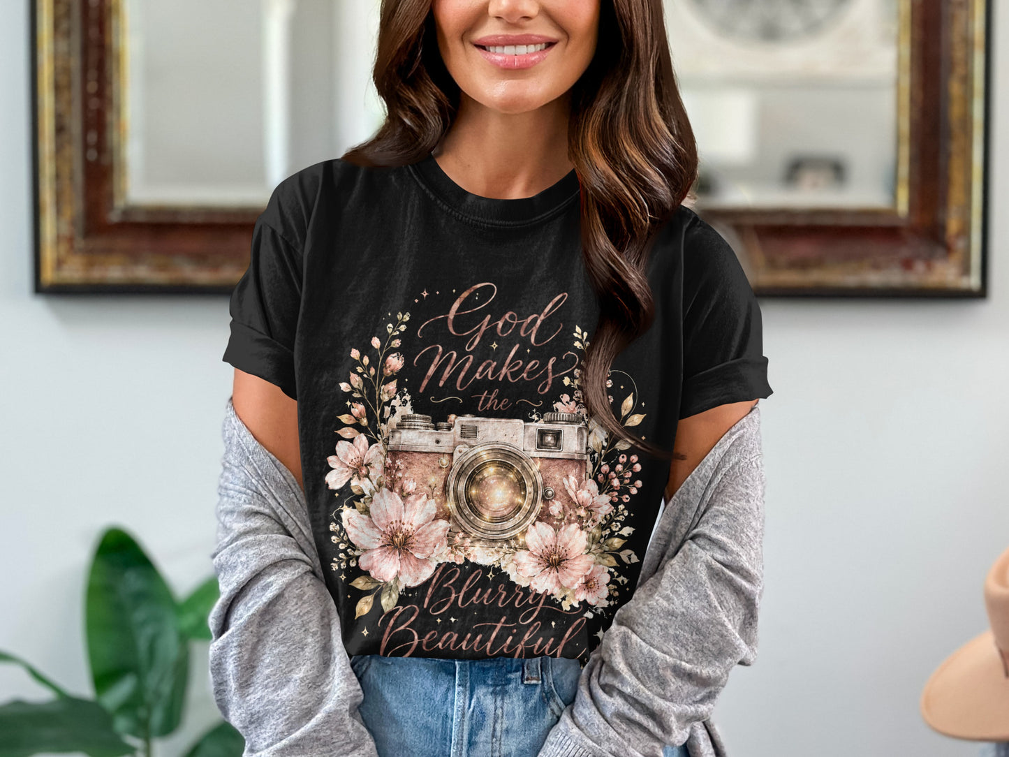 Black t-shirt with floral camera graphic and text "God Makes the Blurry Beautiful".