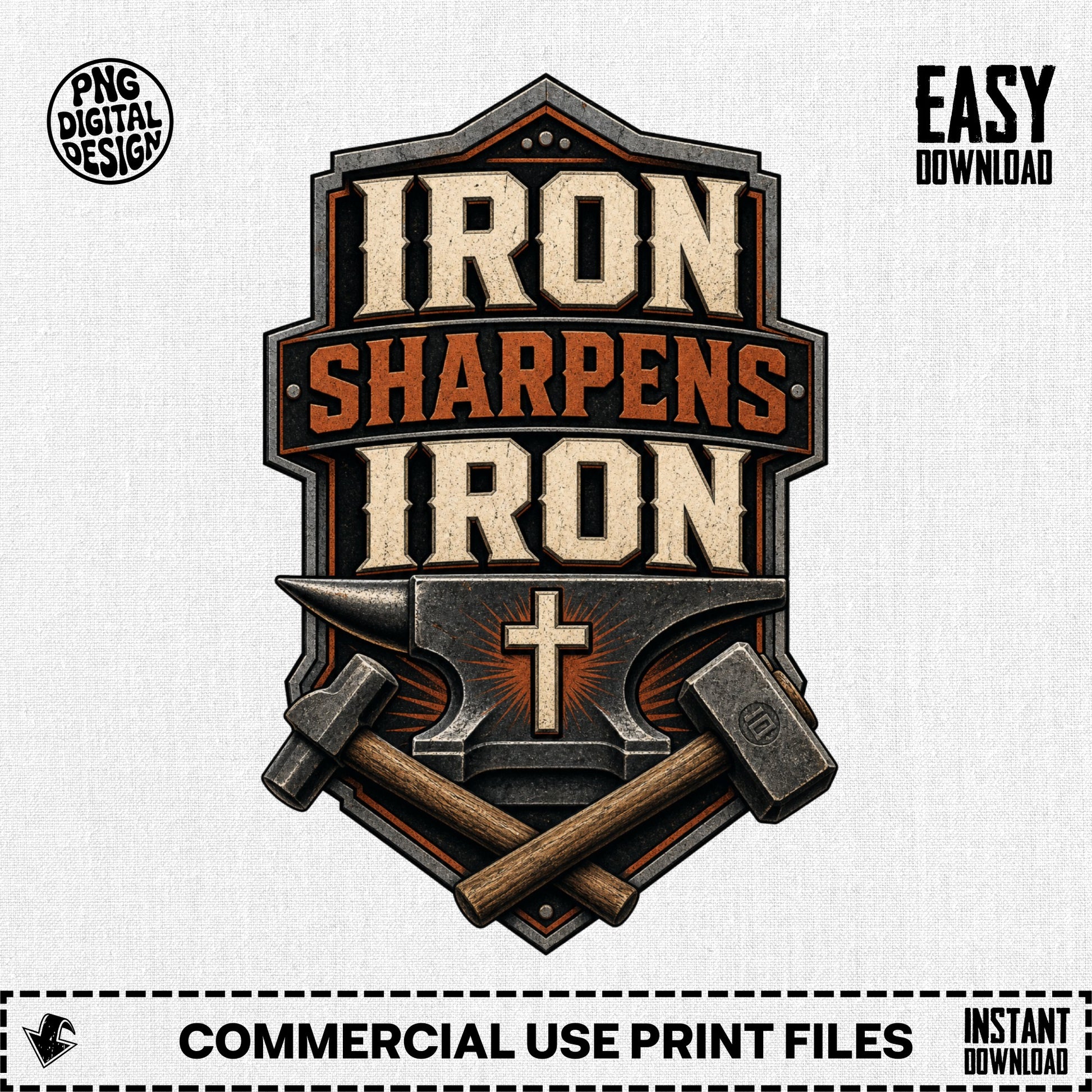 Embroidered crest with "Iron Sharpens Iron" text, anvil, crosses, and hammers.
