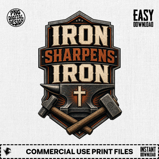 Embroidered crest with "Iron Sharpens Iron" text, anvil, crosses, and hammers.