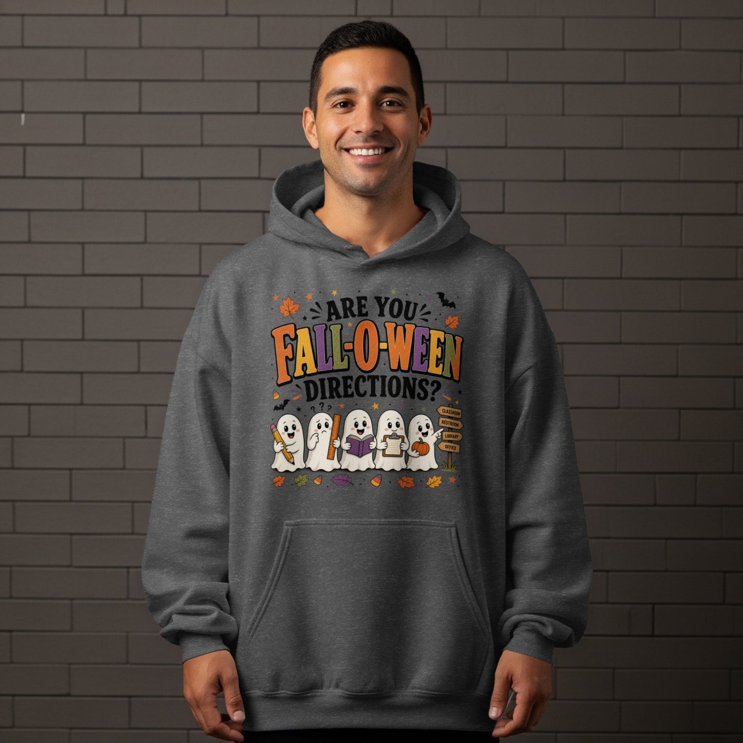 Gray hoodie with "Are you Fall-o-ween Directions?" and ghosts.