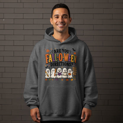 Gray hoodie with "Are you Fall-o-ween Directions?" and ghosts.
