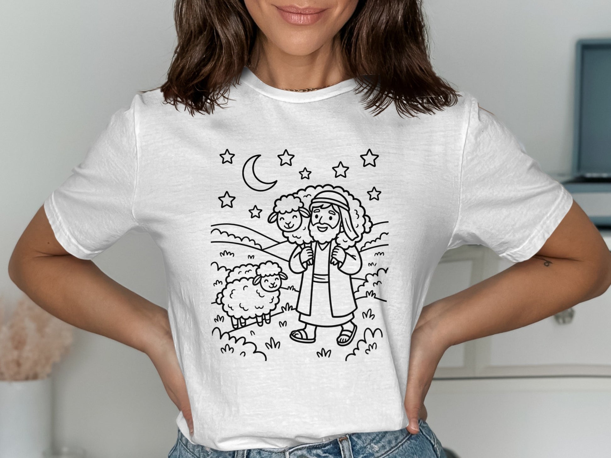 Line drawing of a shepherd carrying a sheep, with another sheep and stars overhead.