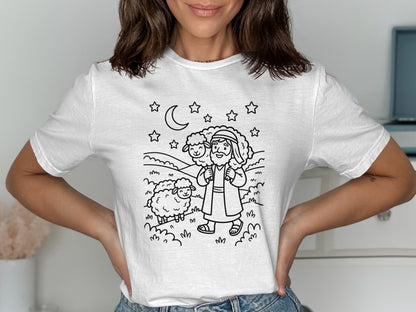 Line drawing of a shepherd carrying a sheep, with another sheep and stars overhead.