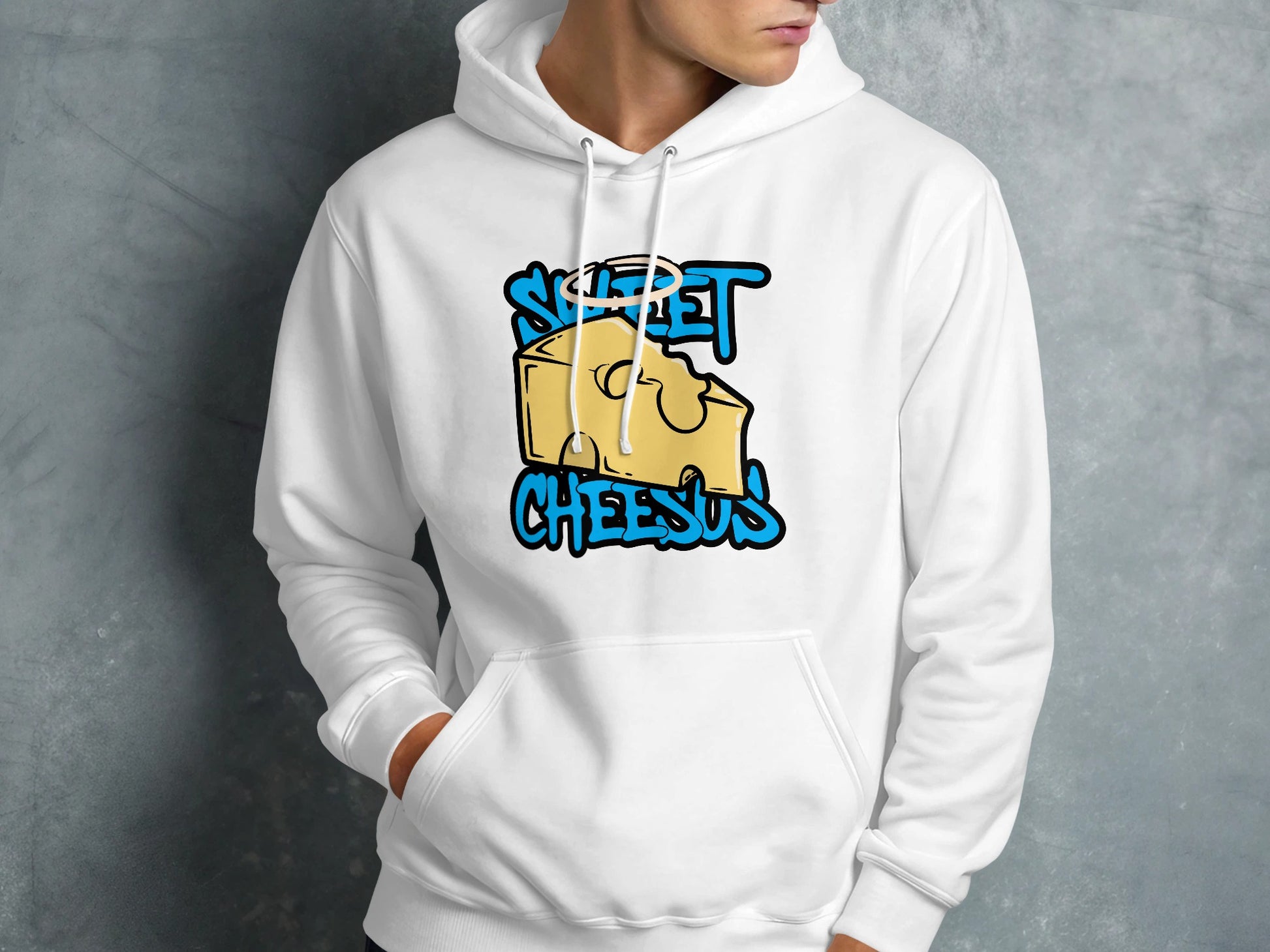White hoodie with "Sweet Cheesus" text and a cartoon cheese wedge.